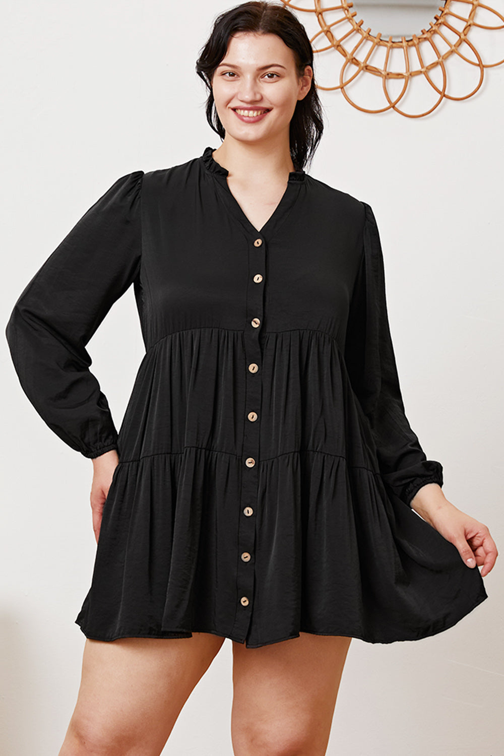 Ruffled Button Up Long Sleeve Dress