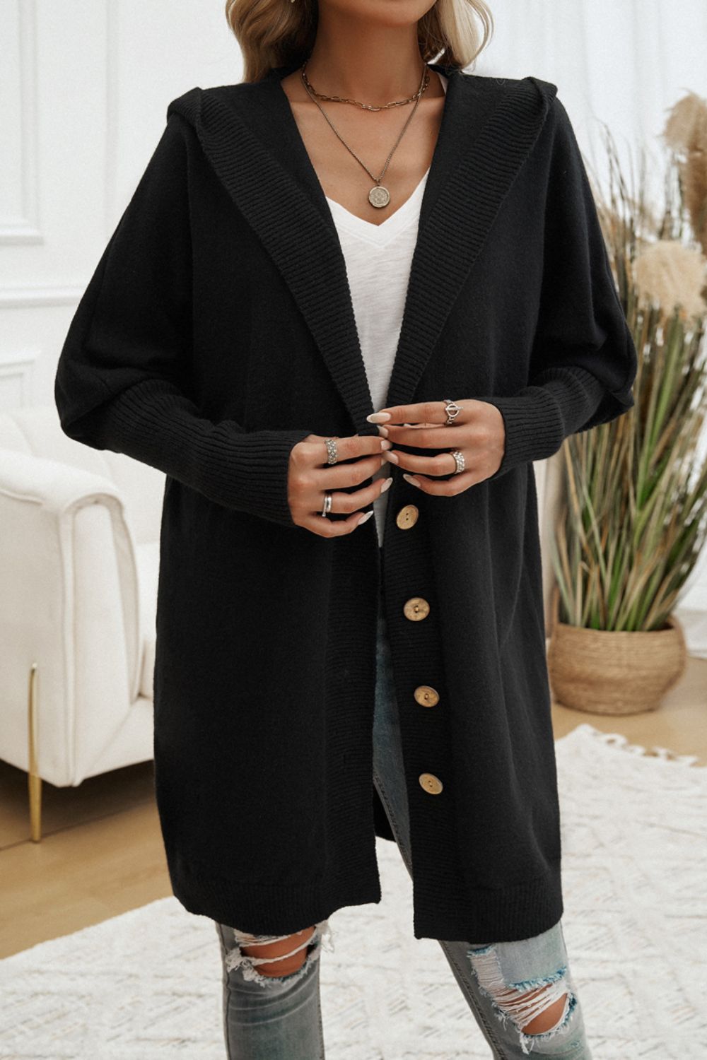Button Up Hooded Cardigan