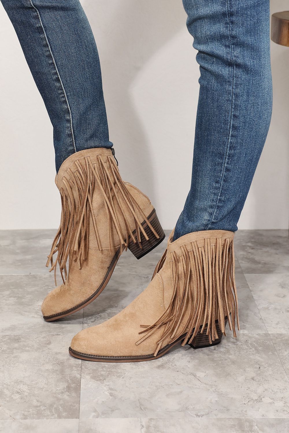 Khaki Fringe Cowboy Western Ankle Boots