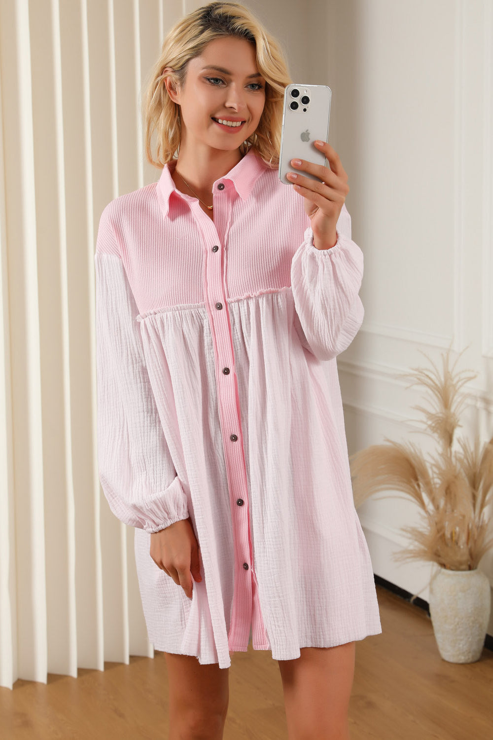 Gauze Buttoned Mini Dress with Pockets