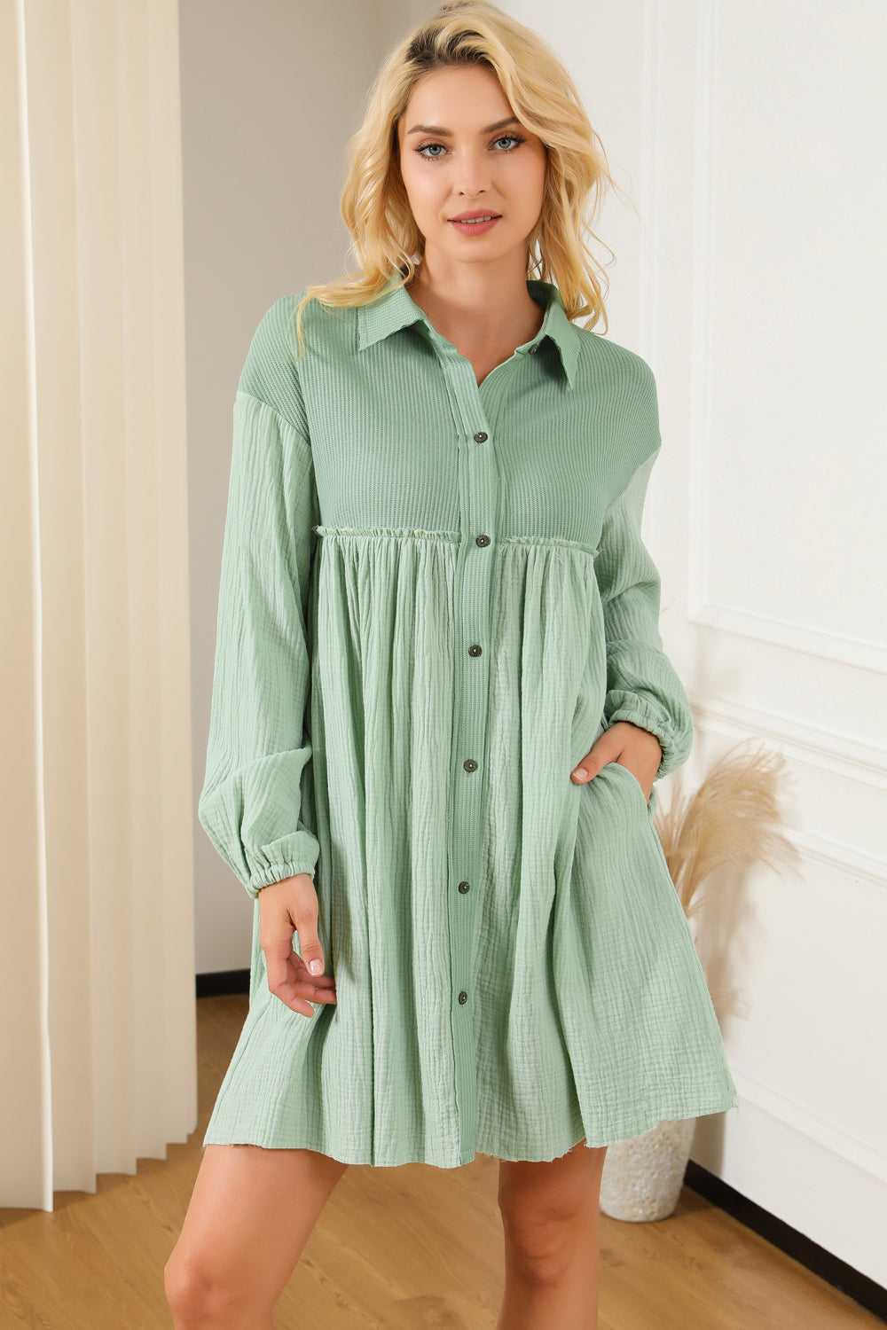 Gauze Buttoned Mini Dress with Pockets