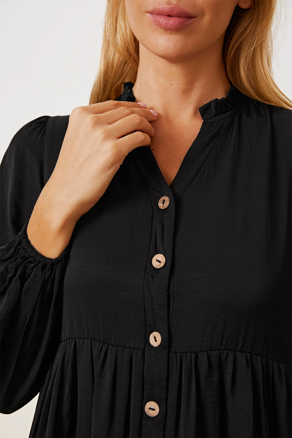Ruffled Button Up Long Sleeve Dress