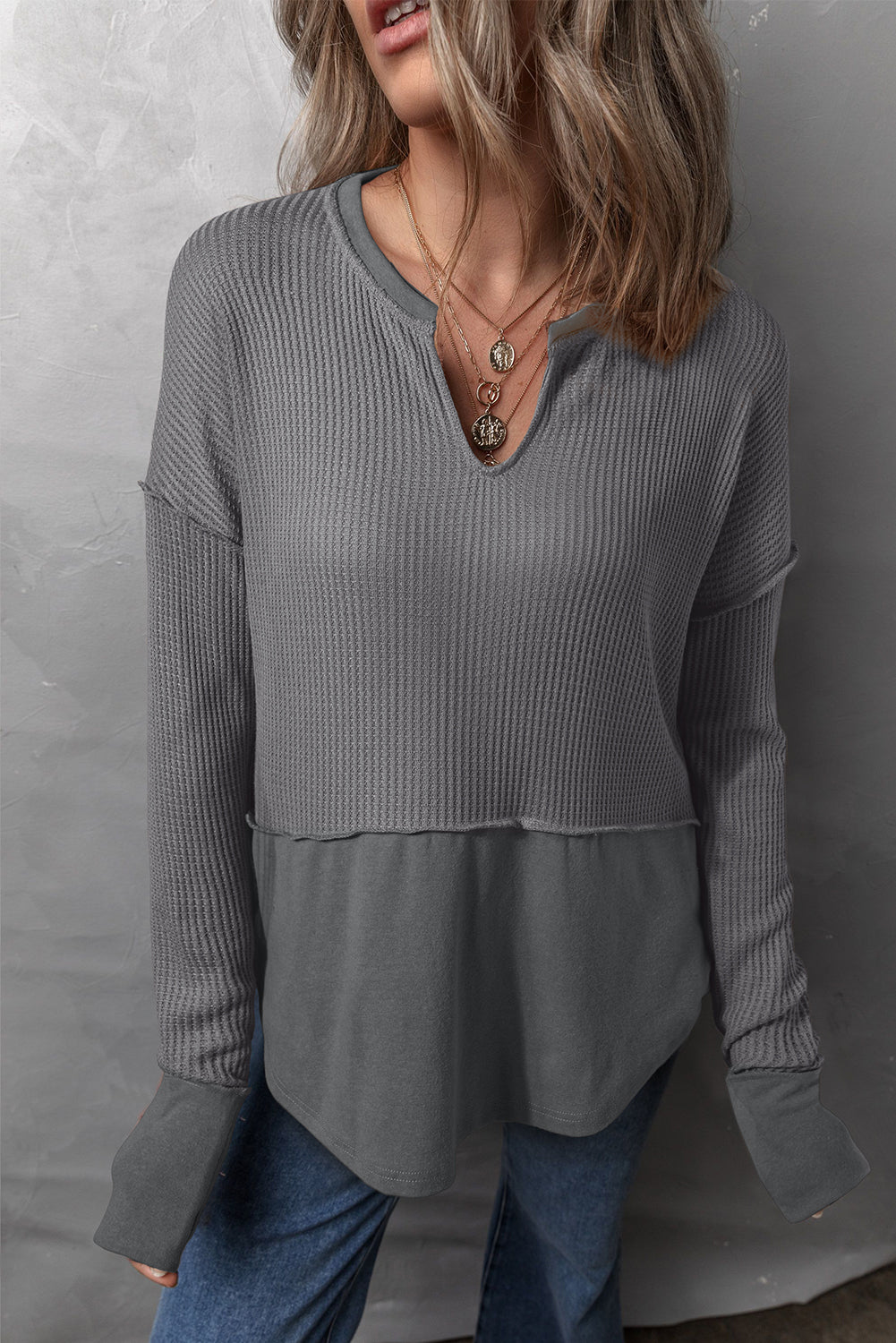 Waffle-Knit Long Sleeve Top