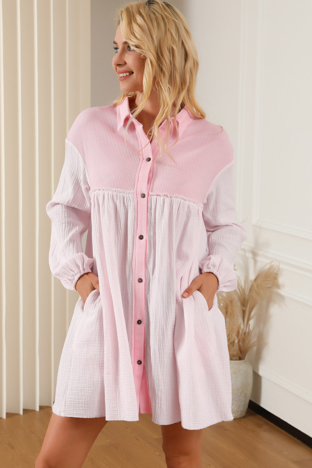 Gauze Buttoned Mini Dress with Pockets