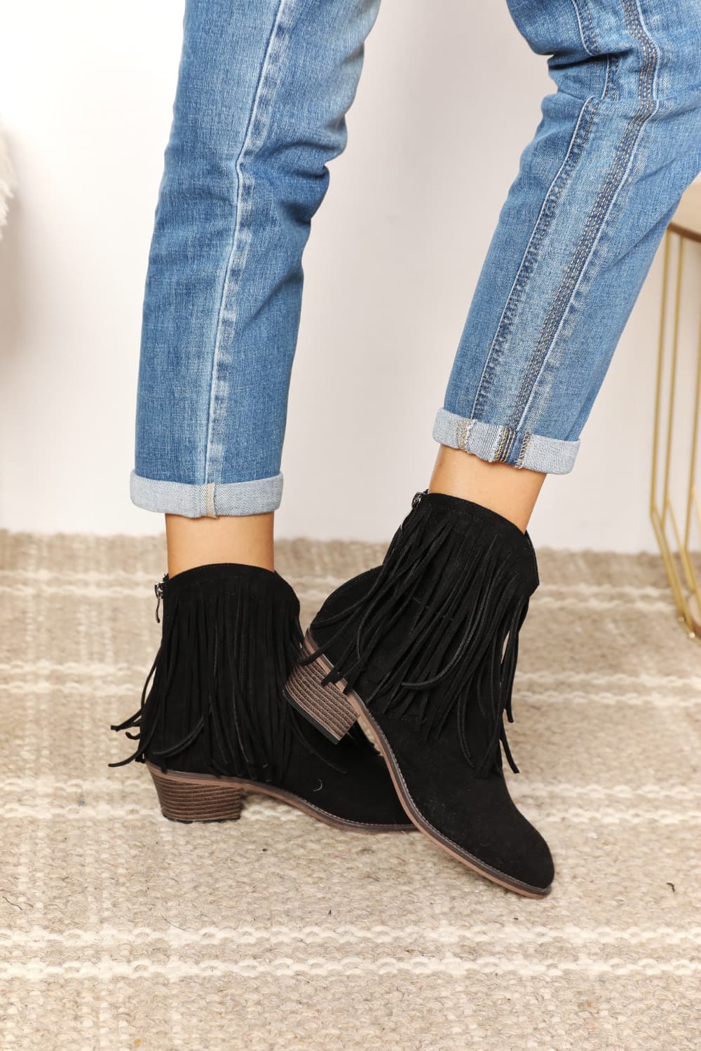 Black Fringe Cowboy Western Ankle Boots