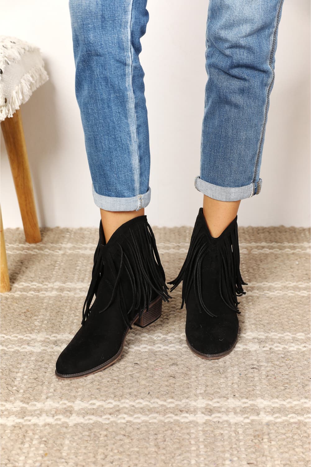 Black Fringe Cowboy Western Ankle Boots