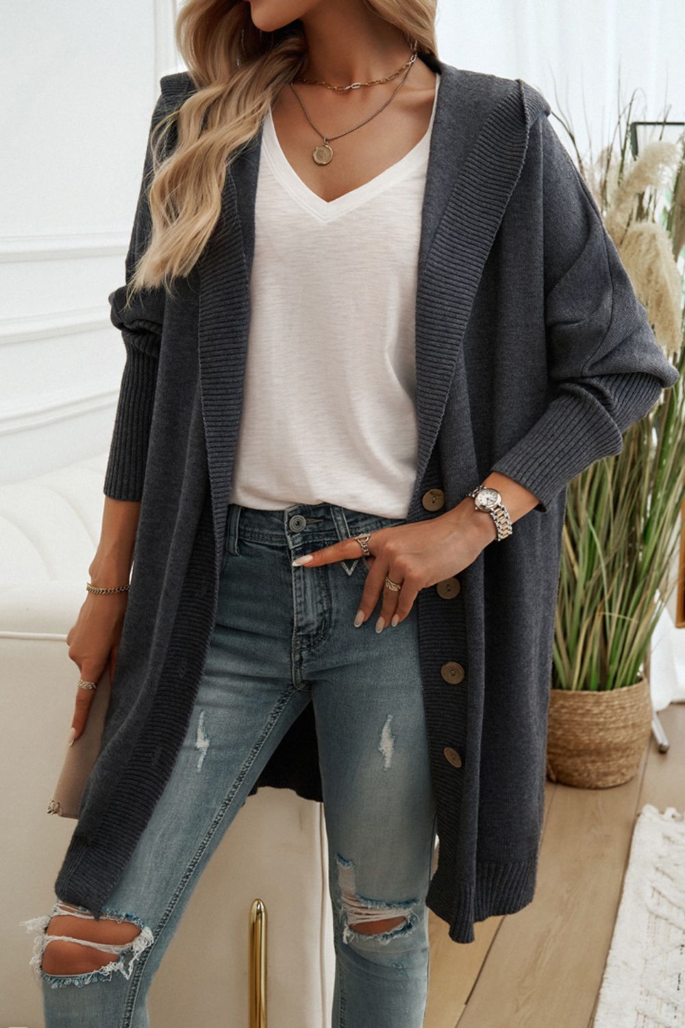 Button Up Hooded Cardigan