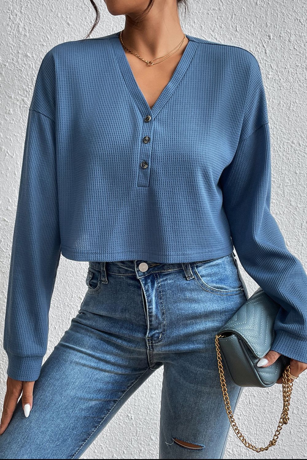 Waffle Knit Cropped Long Sleece Top