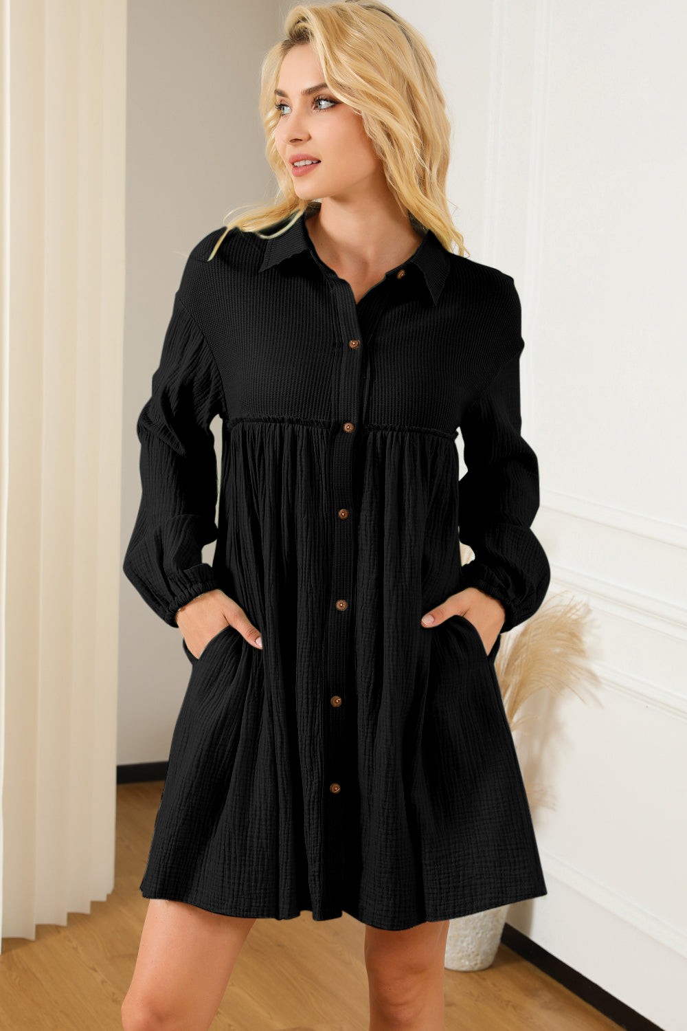 Gauze Buttoned Mini Dress with Pockets