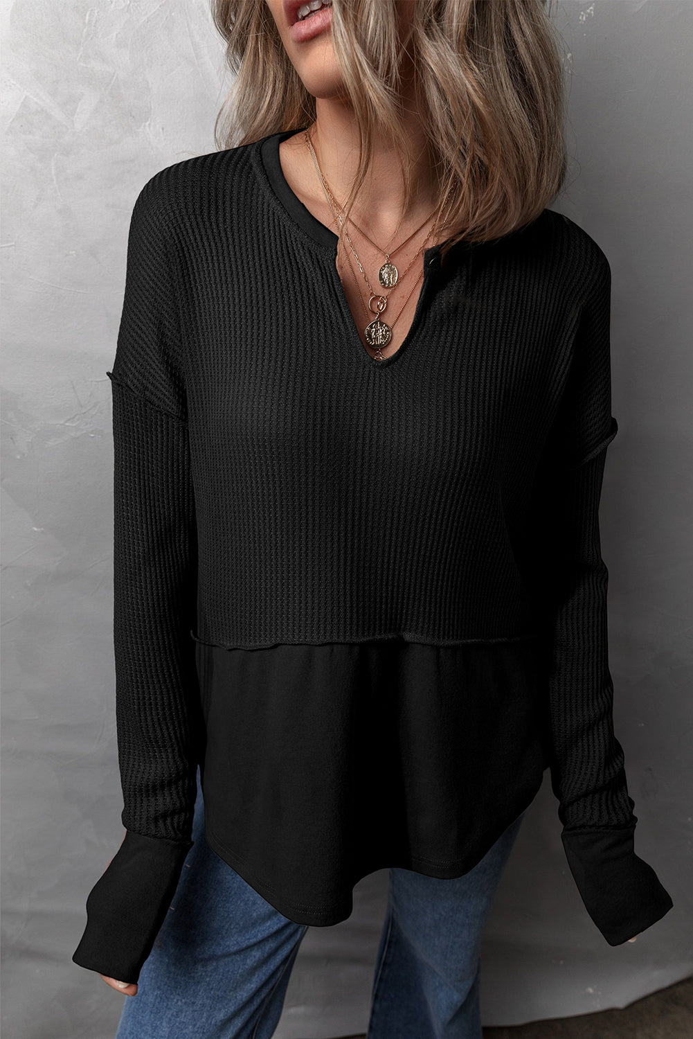 Waffle-Knit Long Sleeve Top