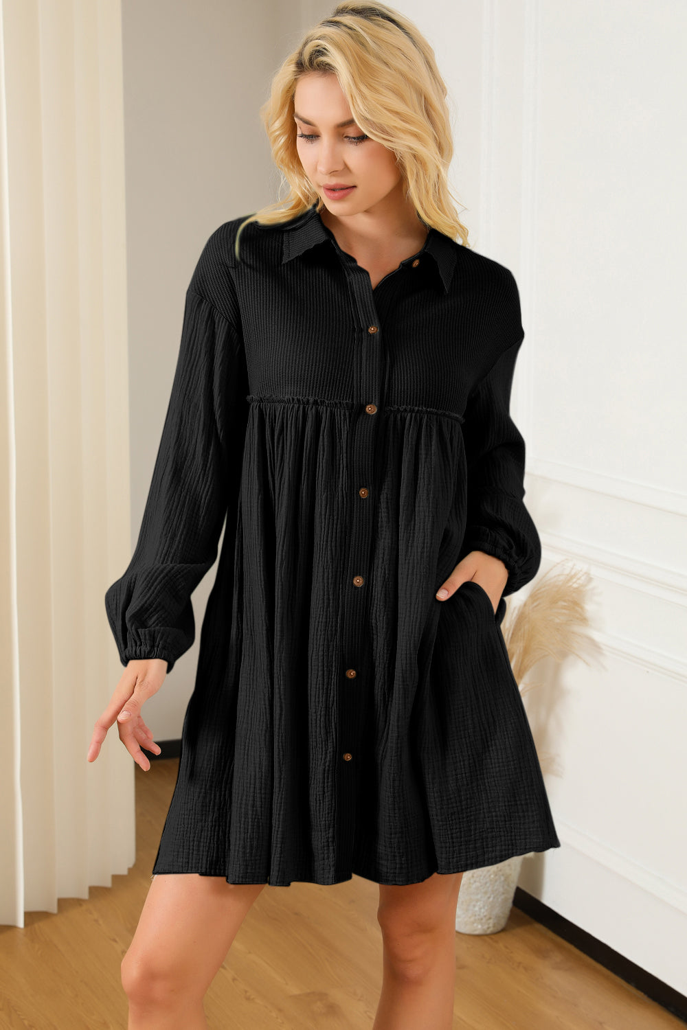 Gauze Buttoned Mini Dress with Pockets