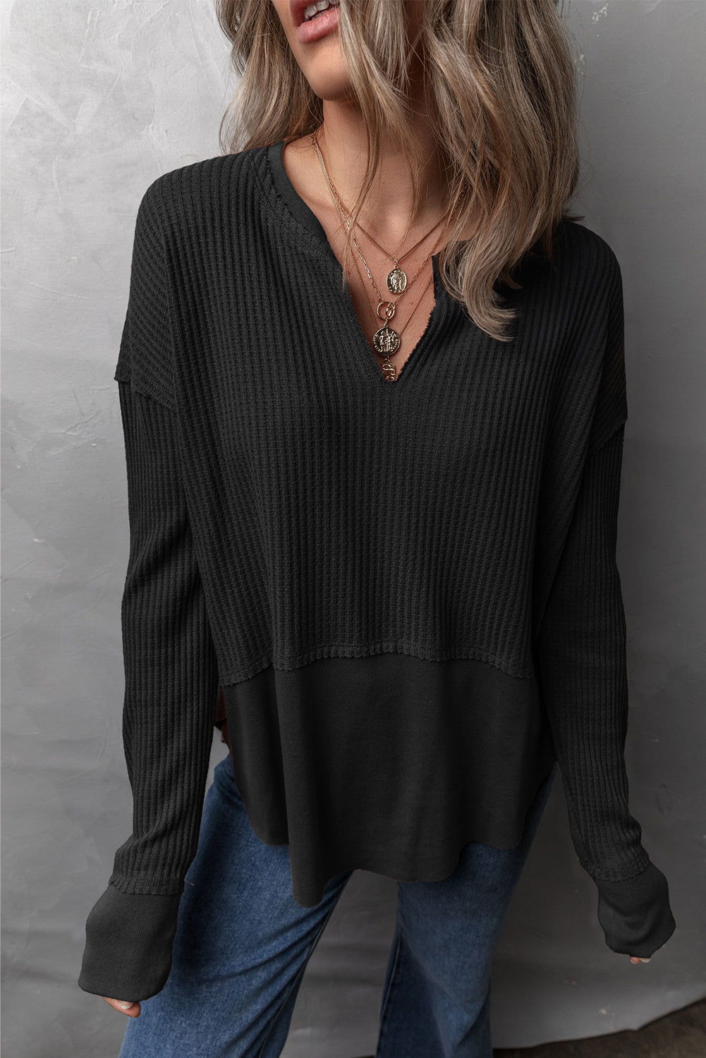 Waffle-Knit Long Sleeve Top