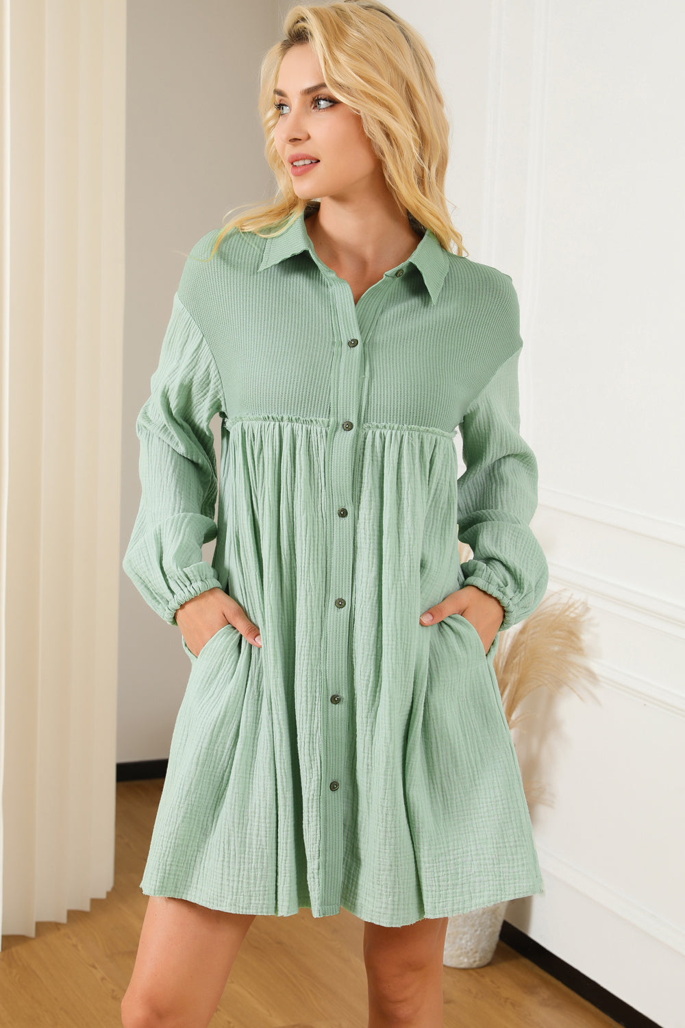 Gauze Buttoned Mini Dress with Pockets