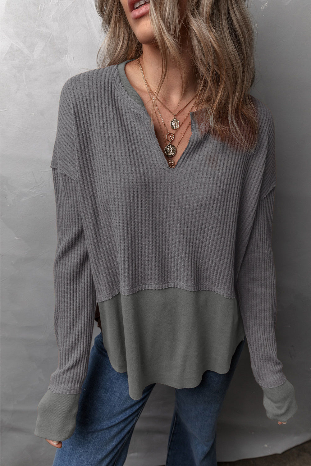 Waffle-Knit Long Sleeve Top