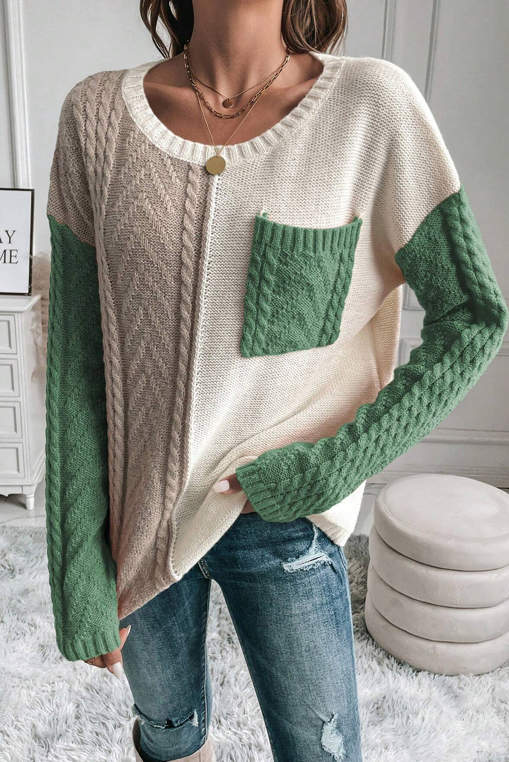 Pocketed Color Block Sweater