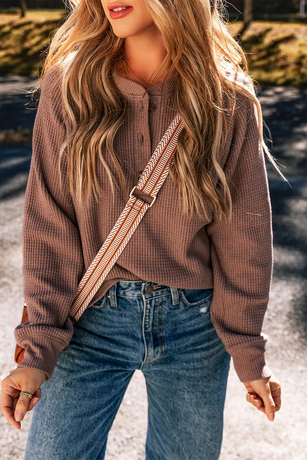 Waffle-Knit Long Sleeve Button Top