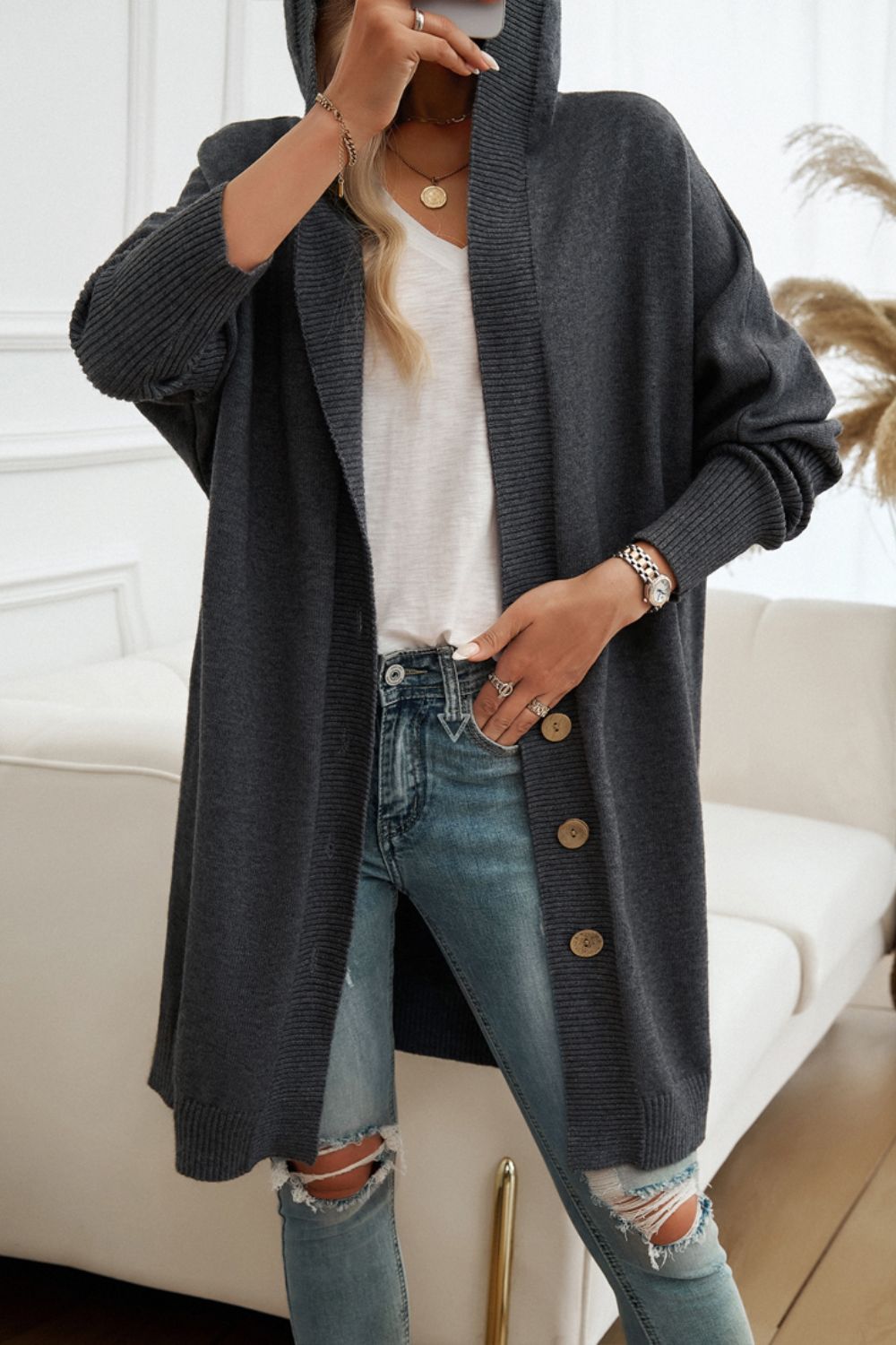 Button Up Hooded Cardigan