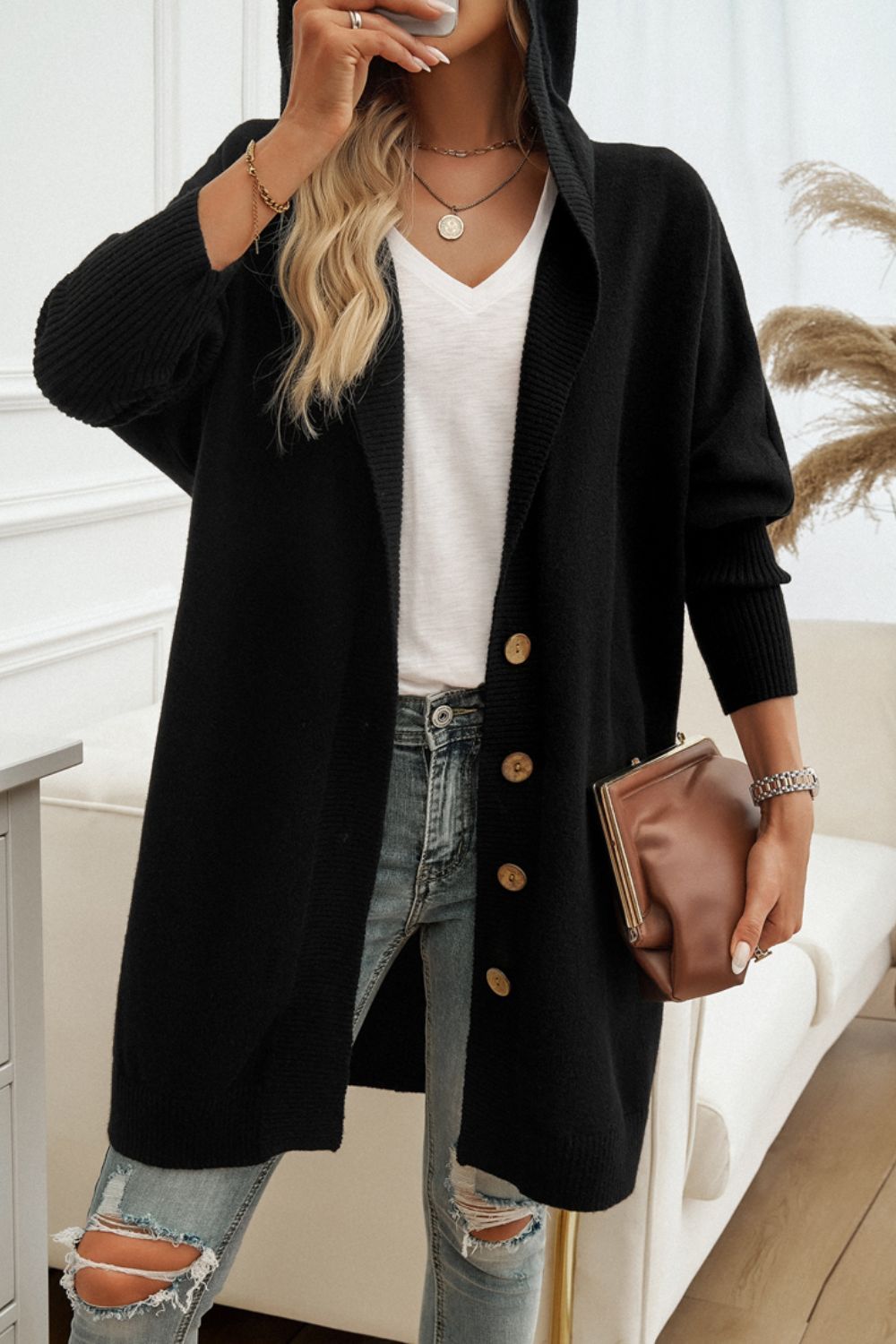Button Up Hooded Cardigan