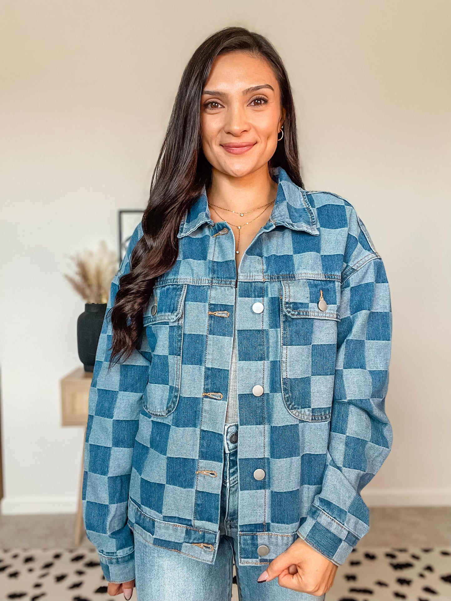 Checkered Button Up Denim Jacket