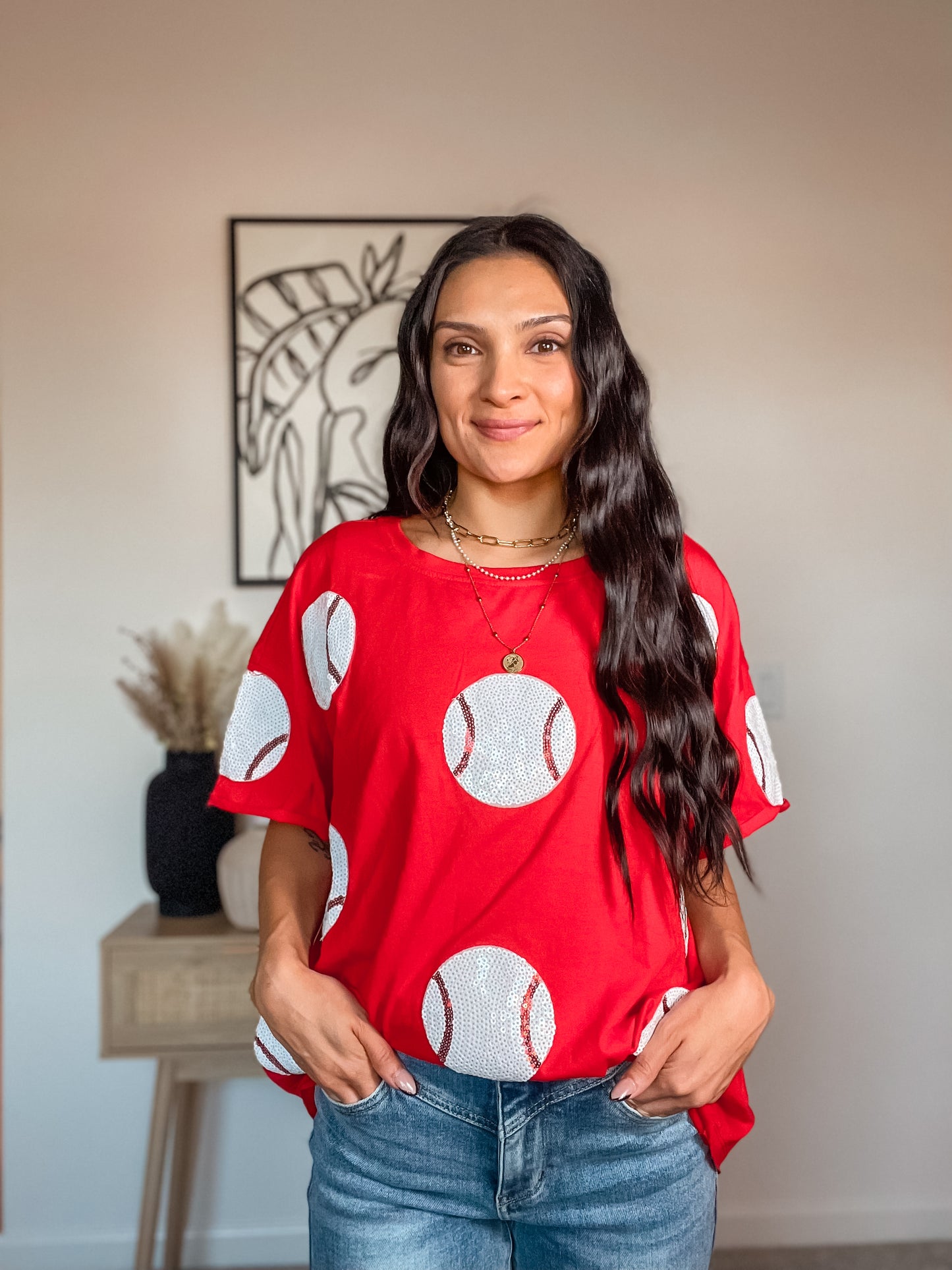 Sequin Baseball T-Shirt in Red