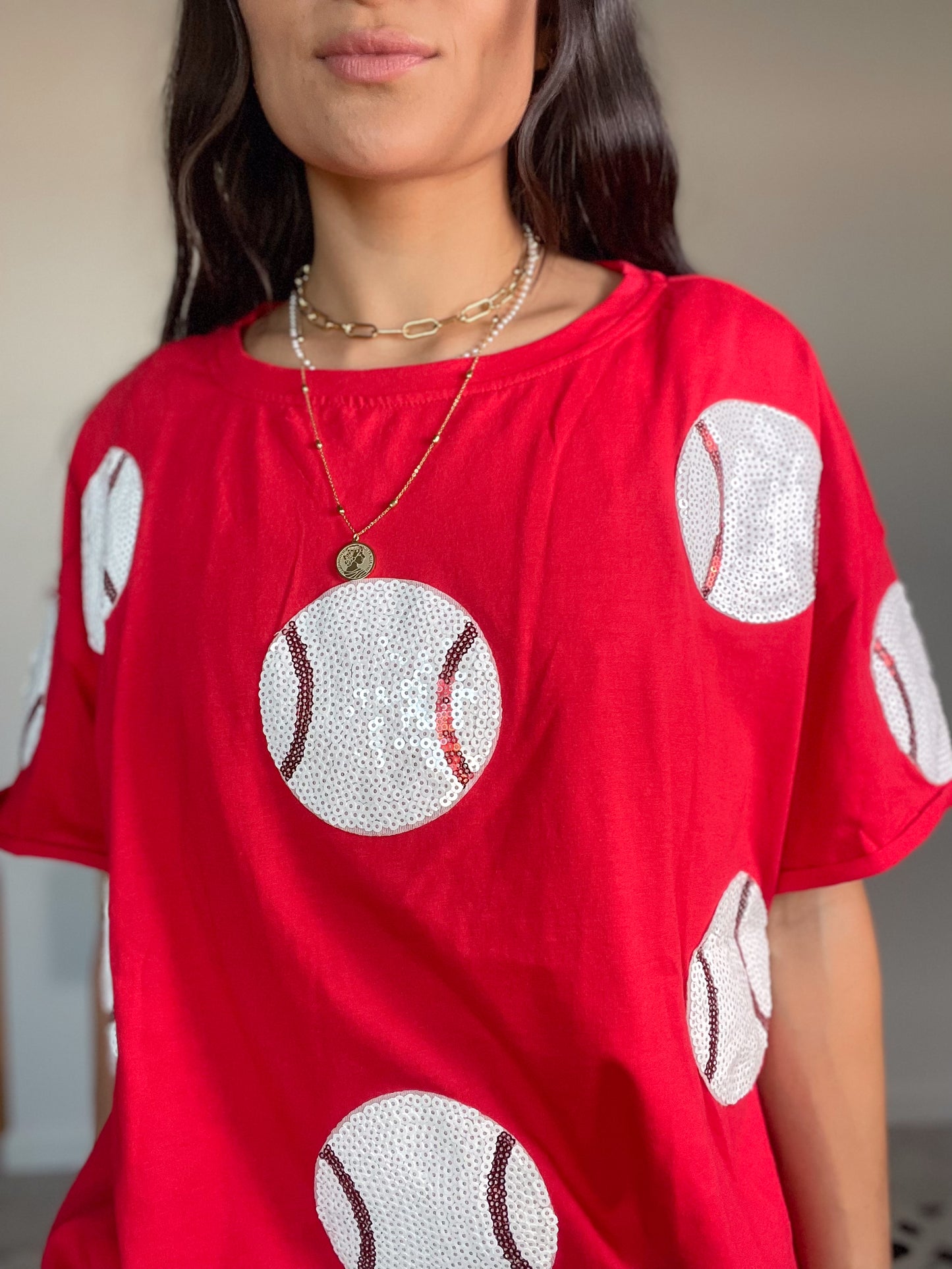 Sequin Baseball T-Shirt in Red