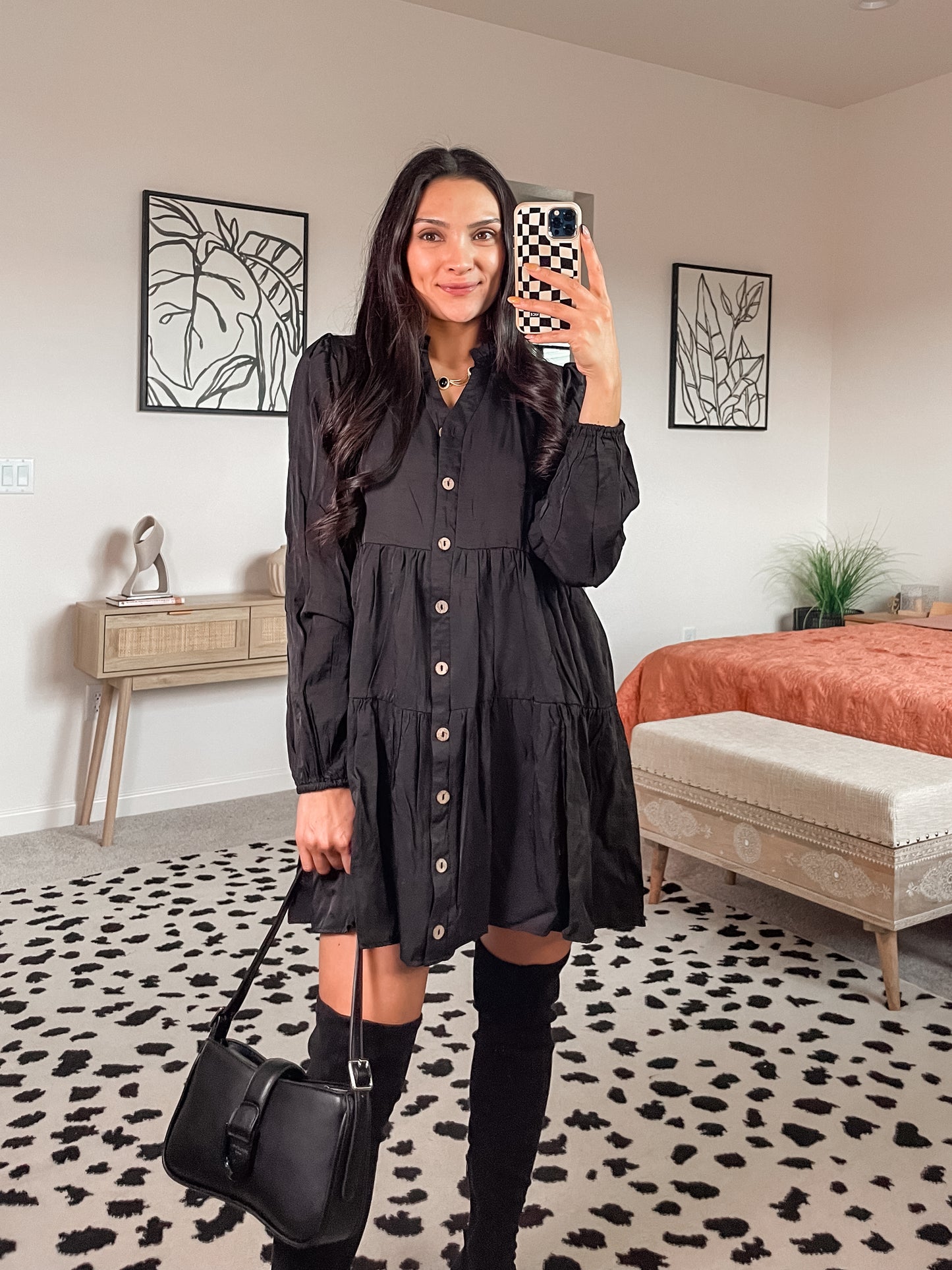 Ruffled Button Up Long Sleeve Dress