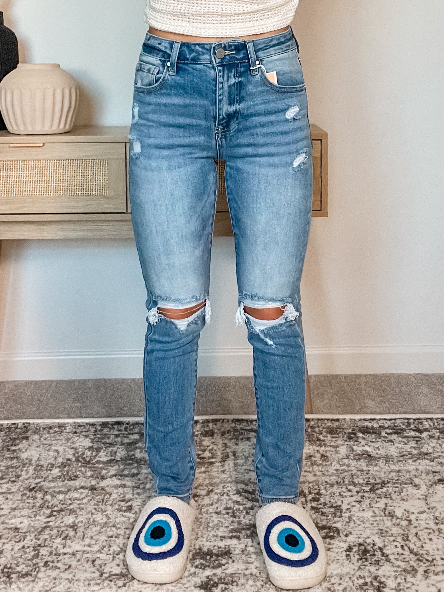 Risen High Rise Knee Distressed Skinny Jeans