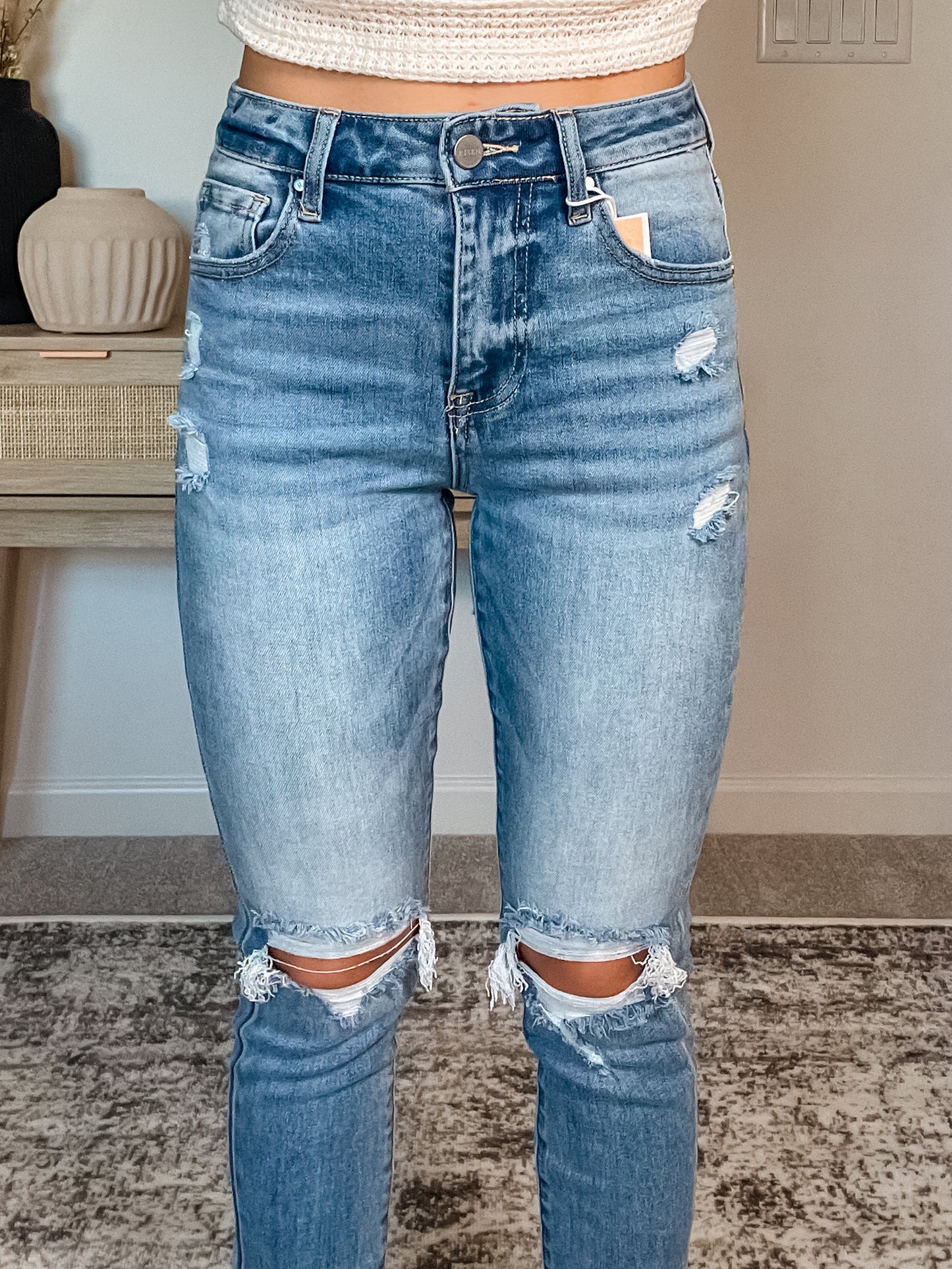 Risen High Rise Knee Distressed Skinny Jeans