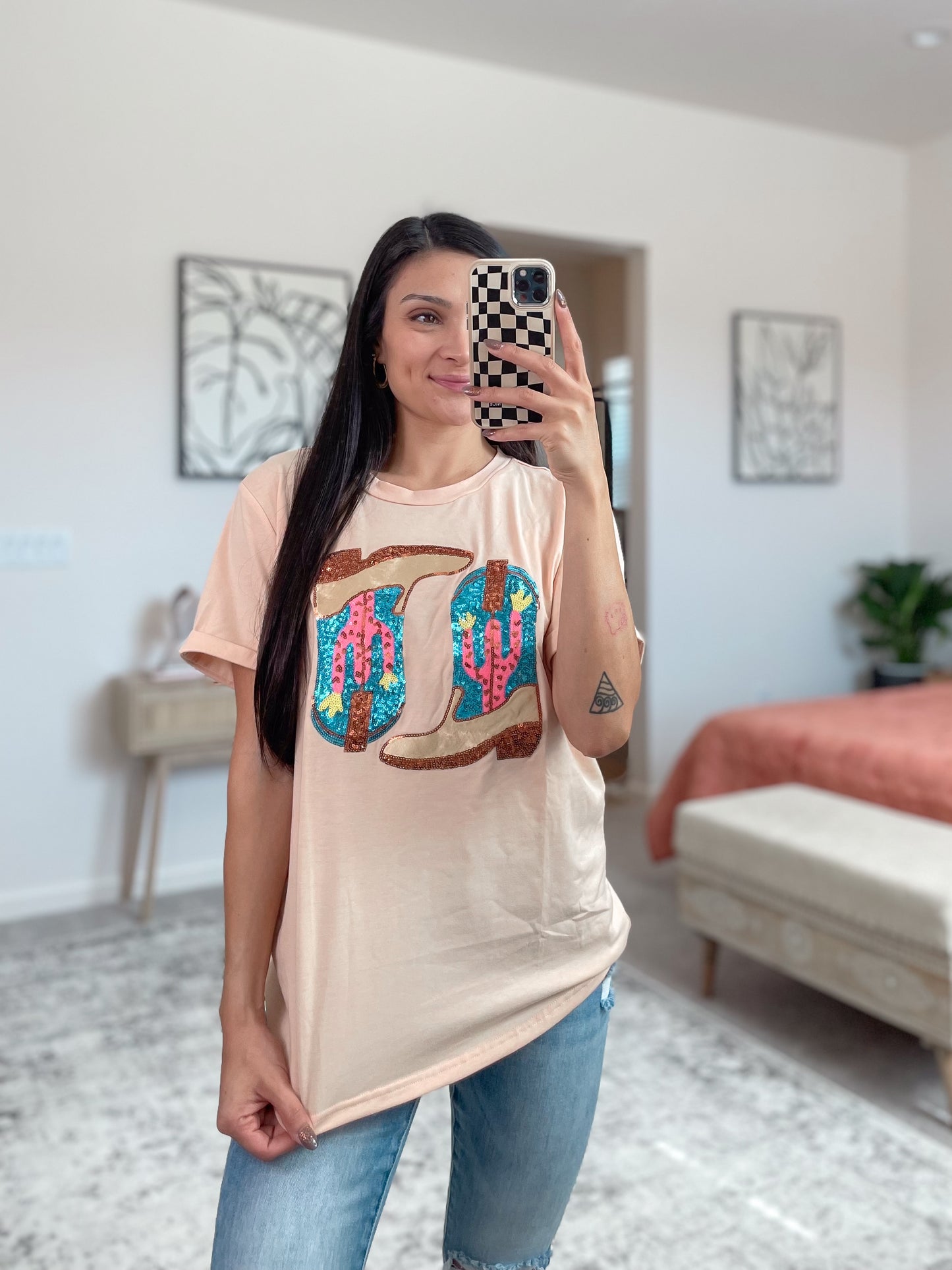 Sequin Western Boots Graphic Tee