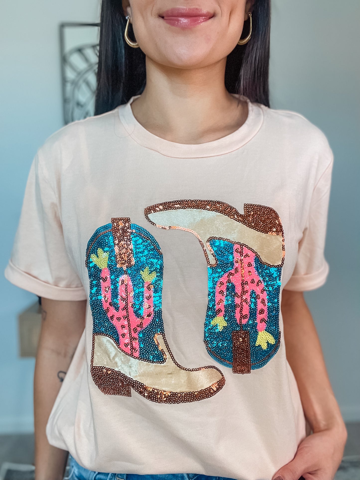 Sequin Western Boots Graphic Tee