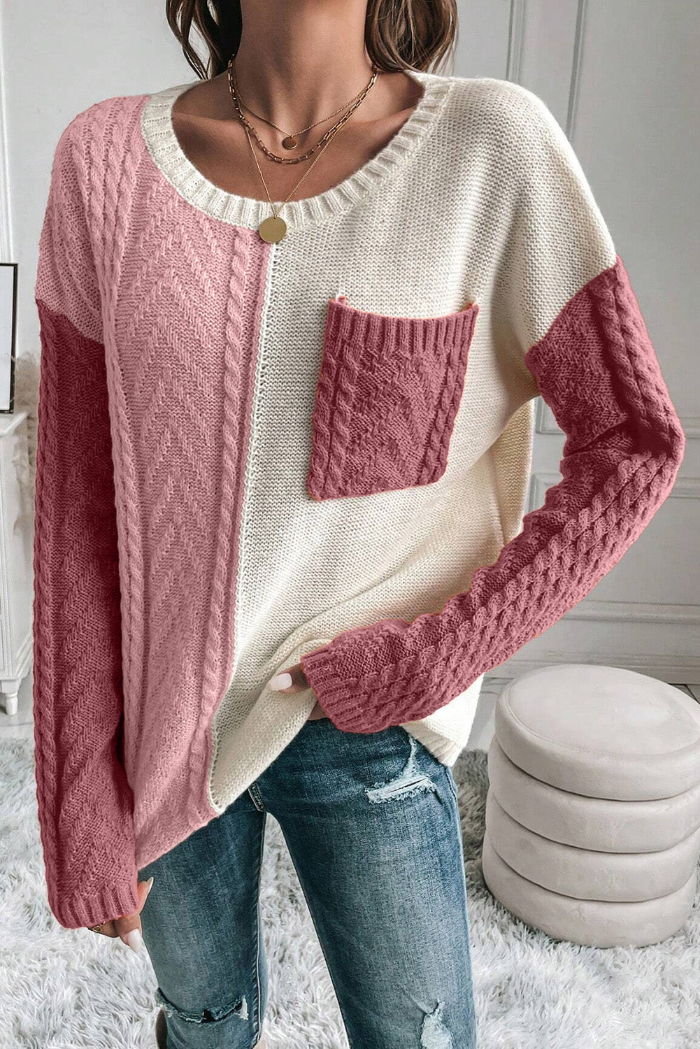 Pocketed Color Block Sweater