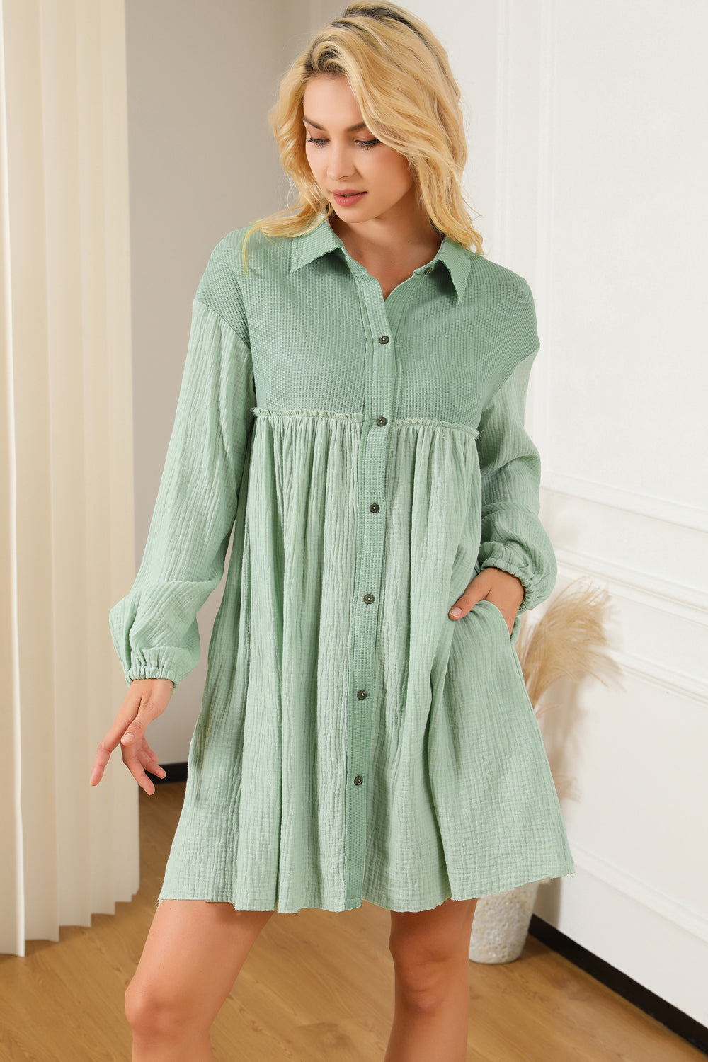 Gauze Buttoned Mini Dress with Pockets