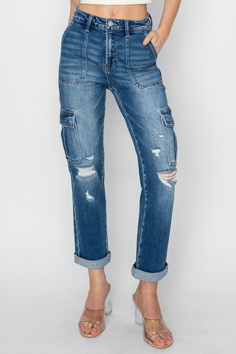 Risen Cargo Ankle Roll Up Straight Jeans