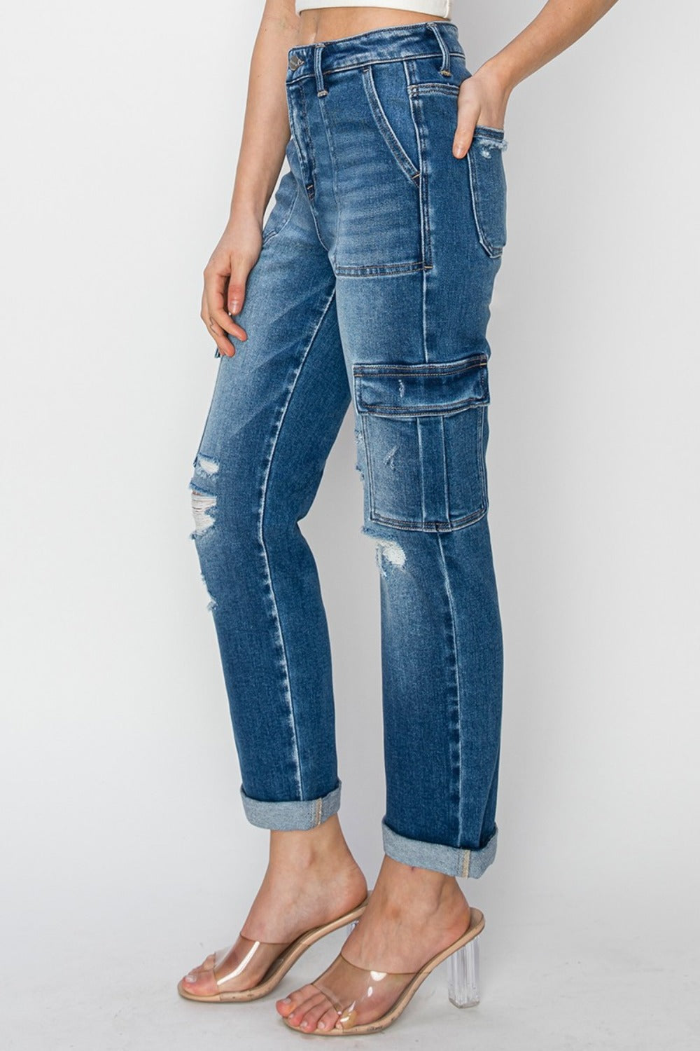Risen Cargo Ankle Roll Up Straight Jeans