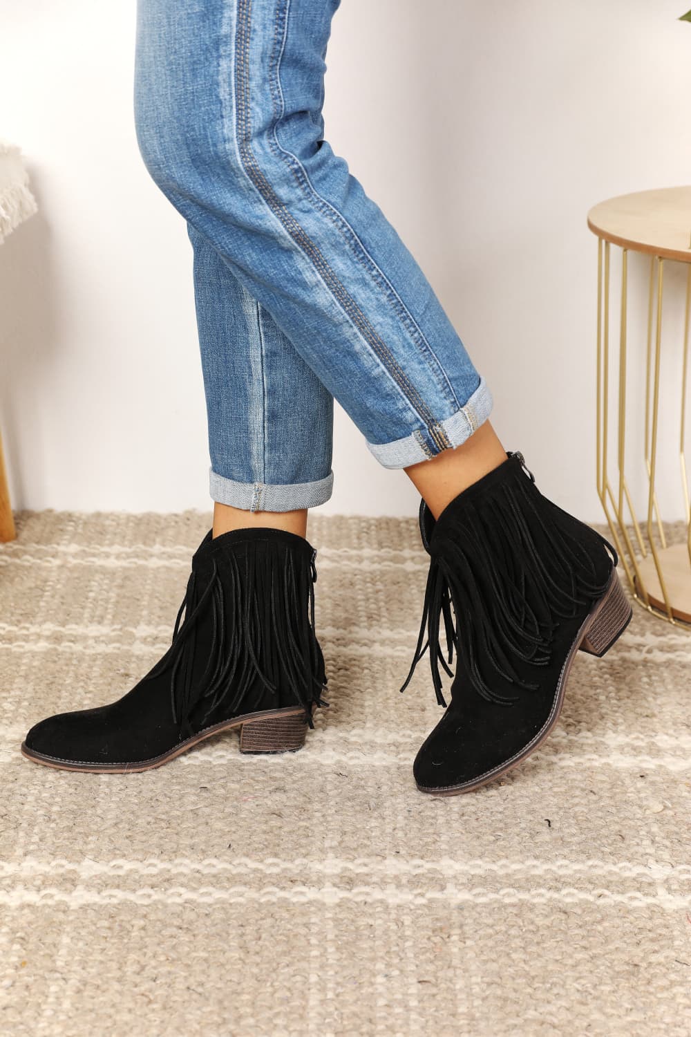 Black Fringe Cowboy Western Ankle Boots