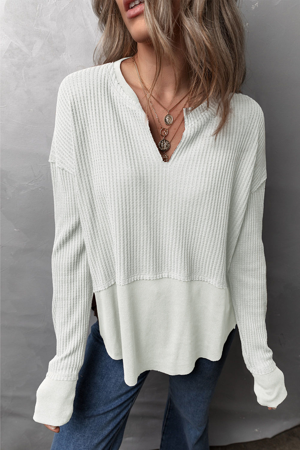 Waffle-Knit Long Sleeve Top