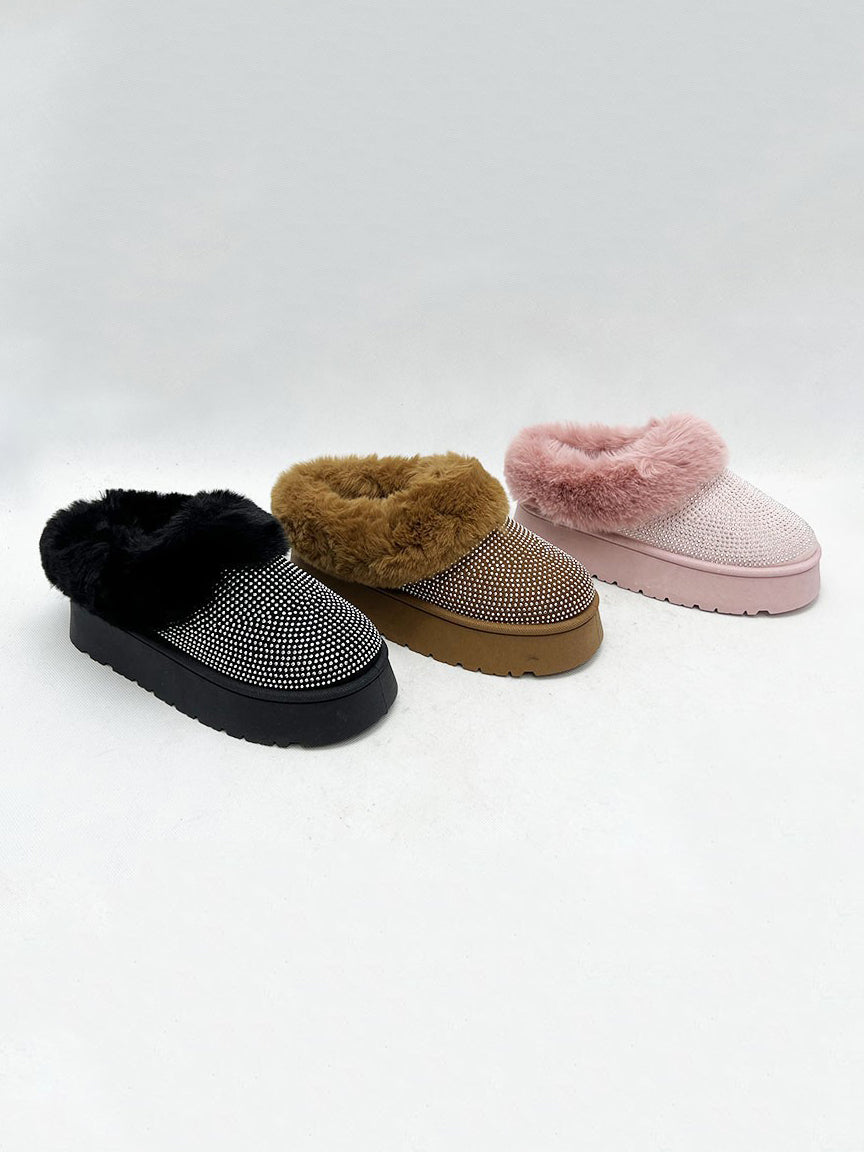 Diva Embellished Fur Slippers in Black