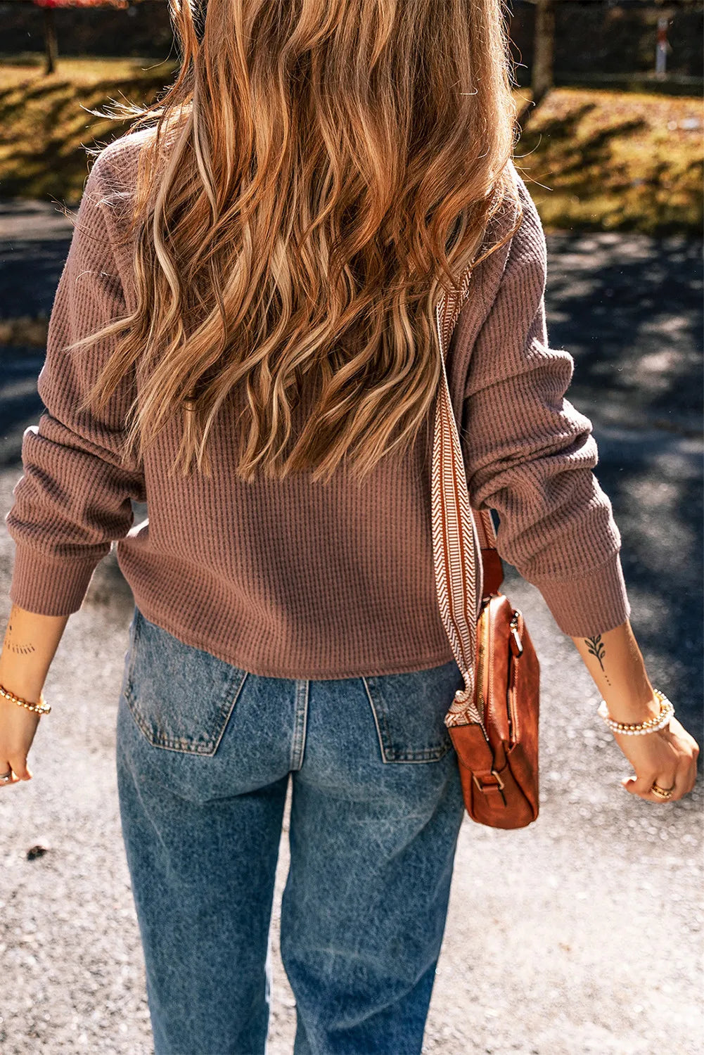 Waffle-Knit Long Sleeve Button Top