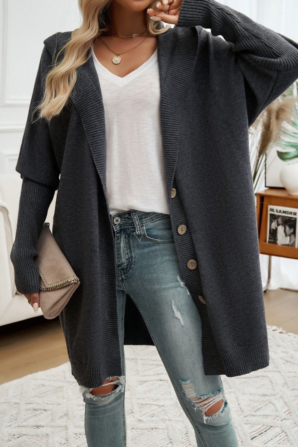 Button Up Hooded Cardigan