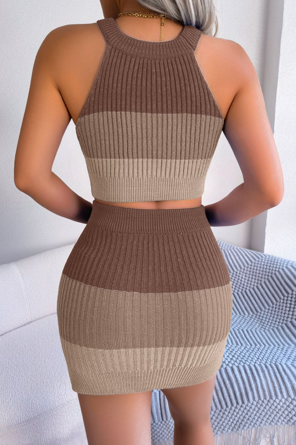 Color Block Knit Crop Top and Skirt Set