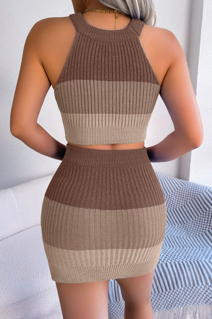 Color Block Knit Crop Top and Skirt Set