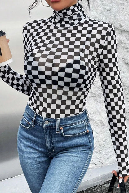 Mesh Checkered Turtleneck Bodysuit