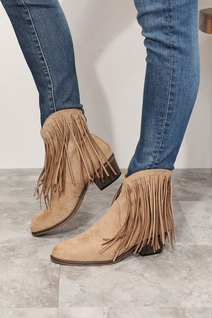 Khaki Fringe Cowboy Western Ankle Boots