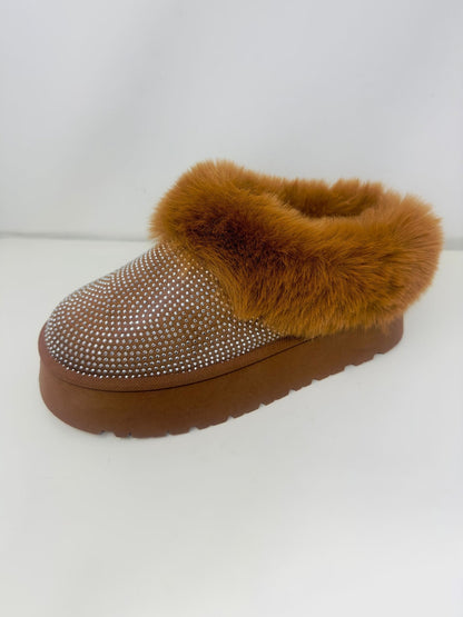 Diva Embellished Fur Slippers in Chestnut