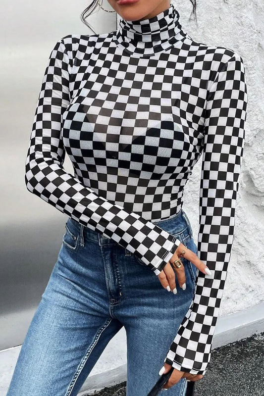 Mesh Checkered Turtleneck Bodysuit