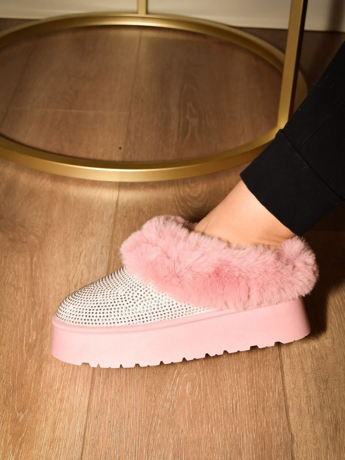 Diva Embellished Fur Slippers in Pink