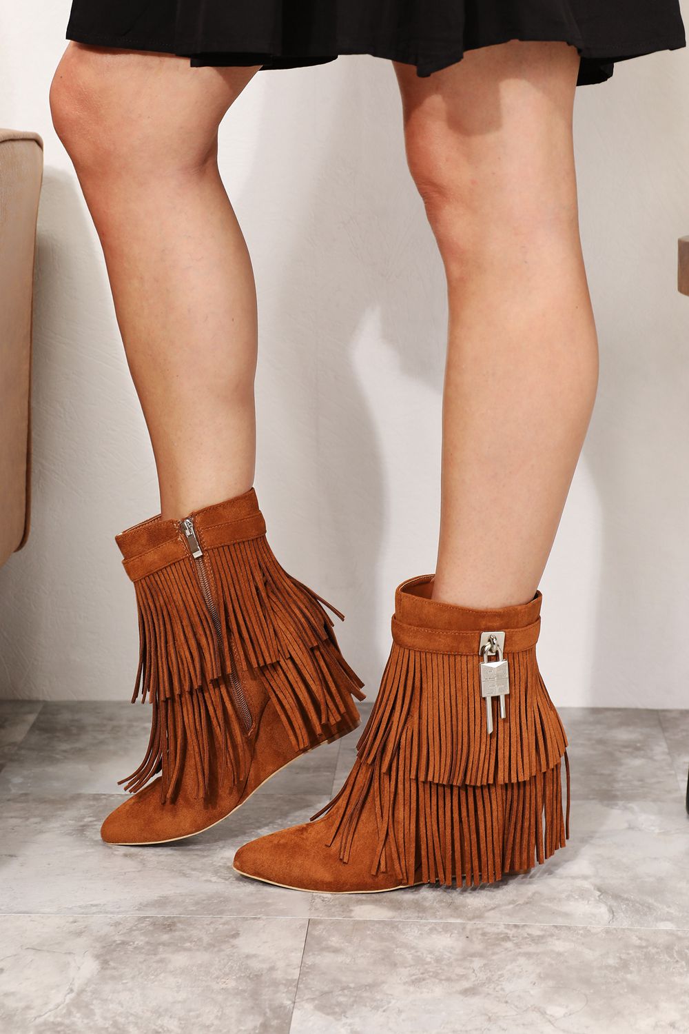 Caramel Tassel Wedge Ankle Booties