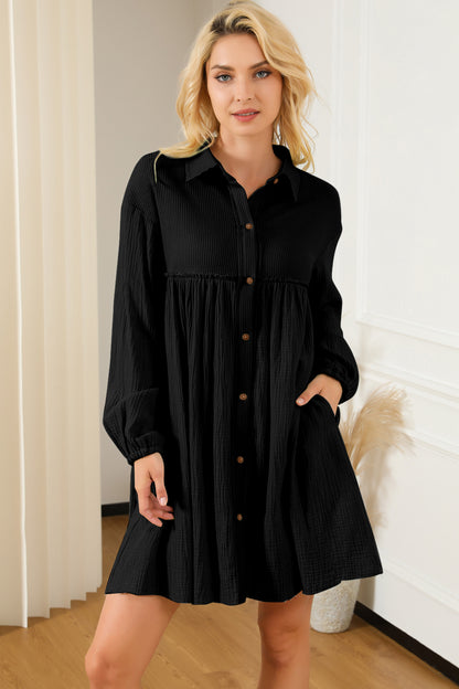 Gauze Buttoned Mini Dress with Pockets