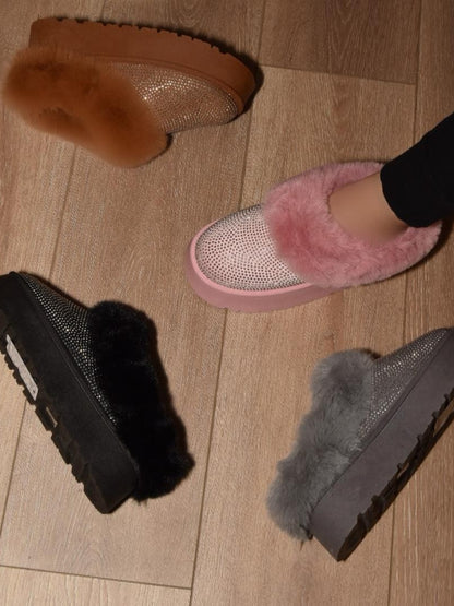 Diva Embellished Fur Slippers in Pink