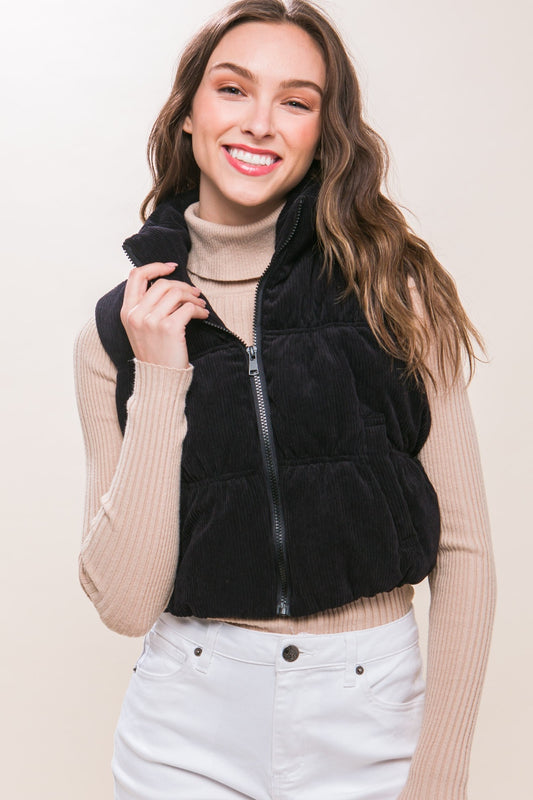 Black Corduroy Puffer Vest with Pockets